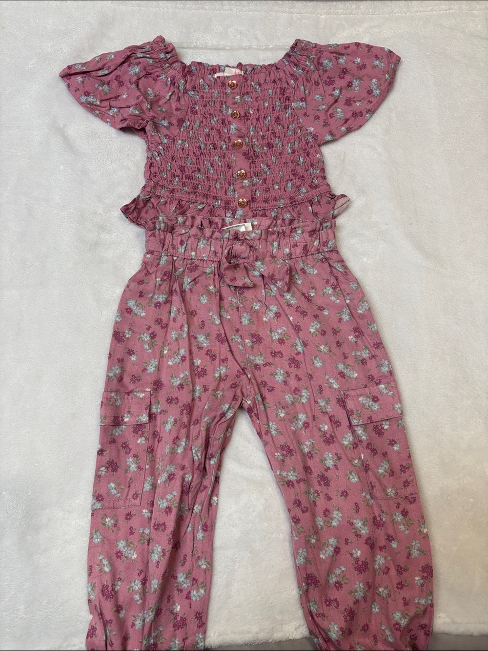 Lemon Kids Girls Pink Floral Smocked Pants Set with Puff Sleeves
